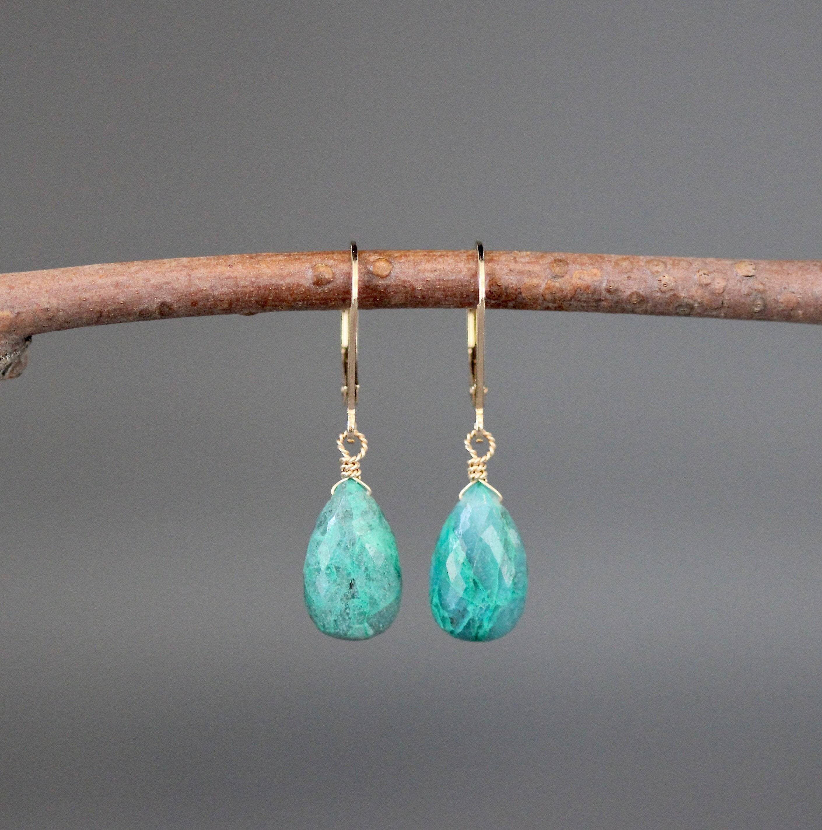 Chrysocolla Earrings - Green Gemstone Earrings - Gold Wire Wrapped Earrings - Gold Leverback Earrings - Single Stone Earrings