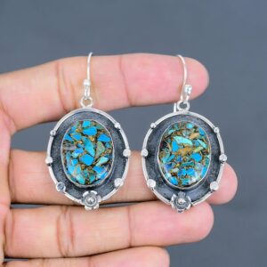Handmade Copper Chrysocolla Dangle Earrings: 925 Sterling Silver Gemstone Jewelry