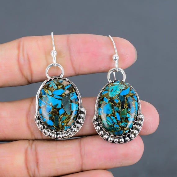 Handmade Copper Chrysocolla Earrings: Sterling Silver Gemstone Drop Earrings