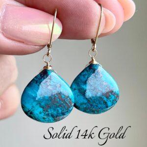 Chrysocolla Earrings in Solid 14k Gold, Teal Green Heart Shape Drop Jewelry, Real 14k Yellow Gold Triangle Earrings, Elegant Gift for wife