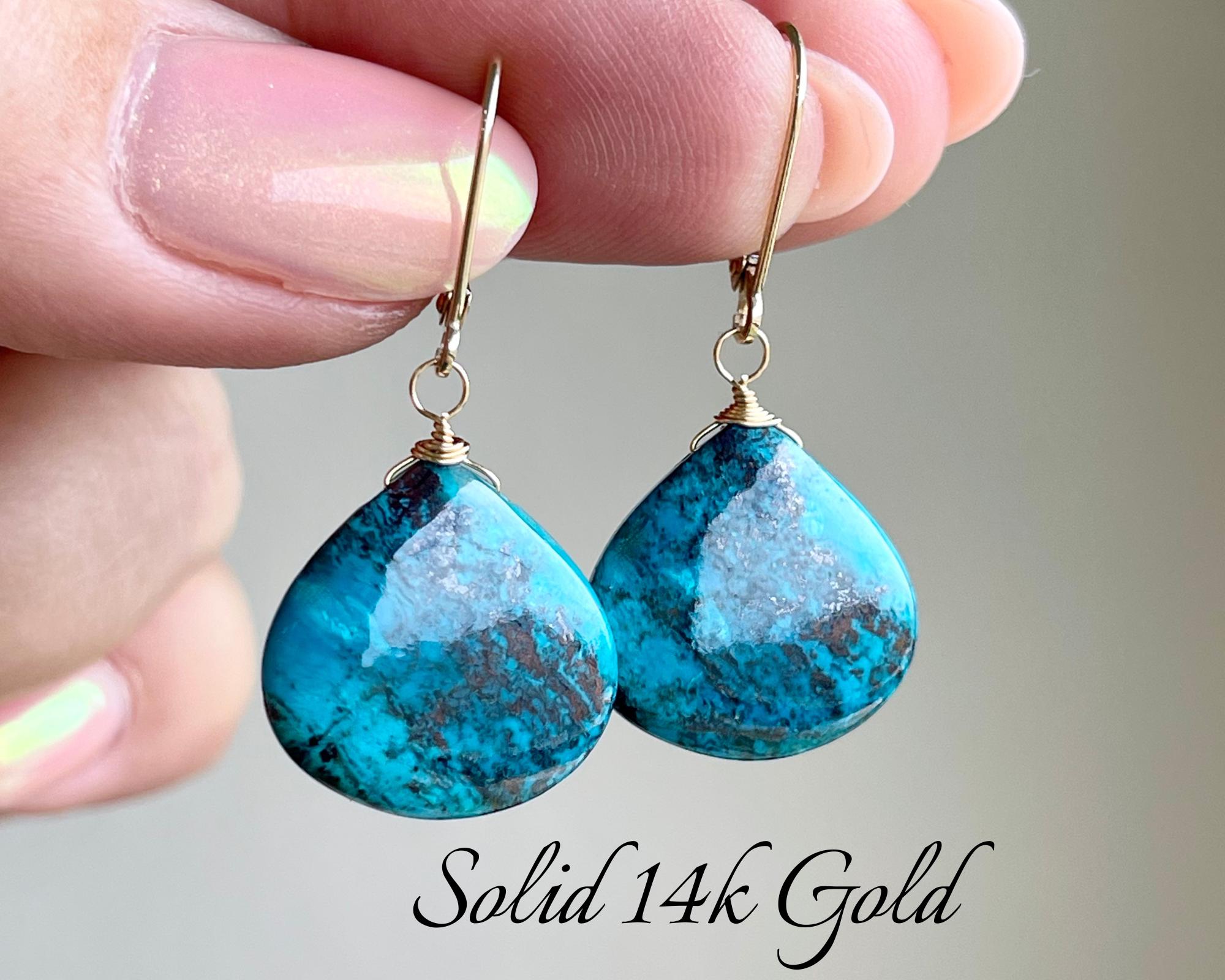 Chrysocolla Earrings In Solid 14k Gold, Teal Green Heart Shape Drop Jewelry, Real 14k Yellow Gold Triangle Earrings, Elegant Gift For Wife