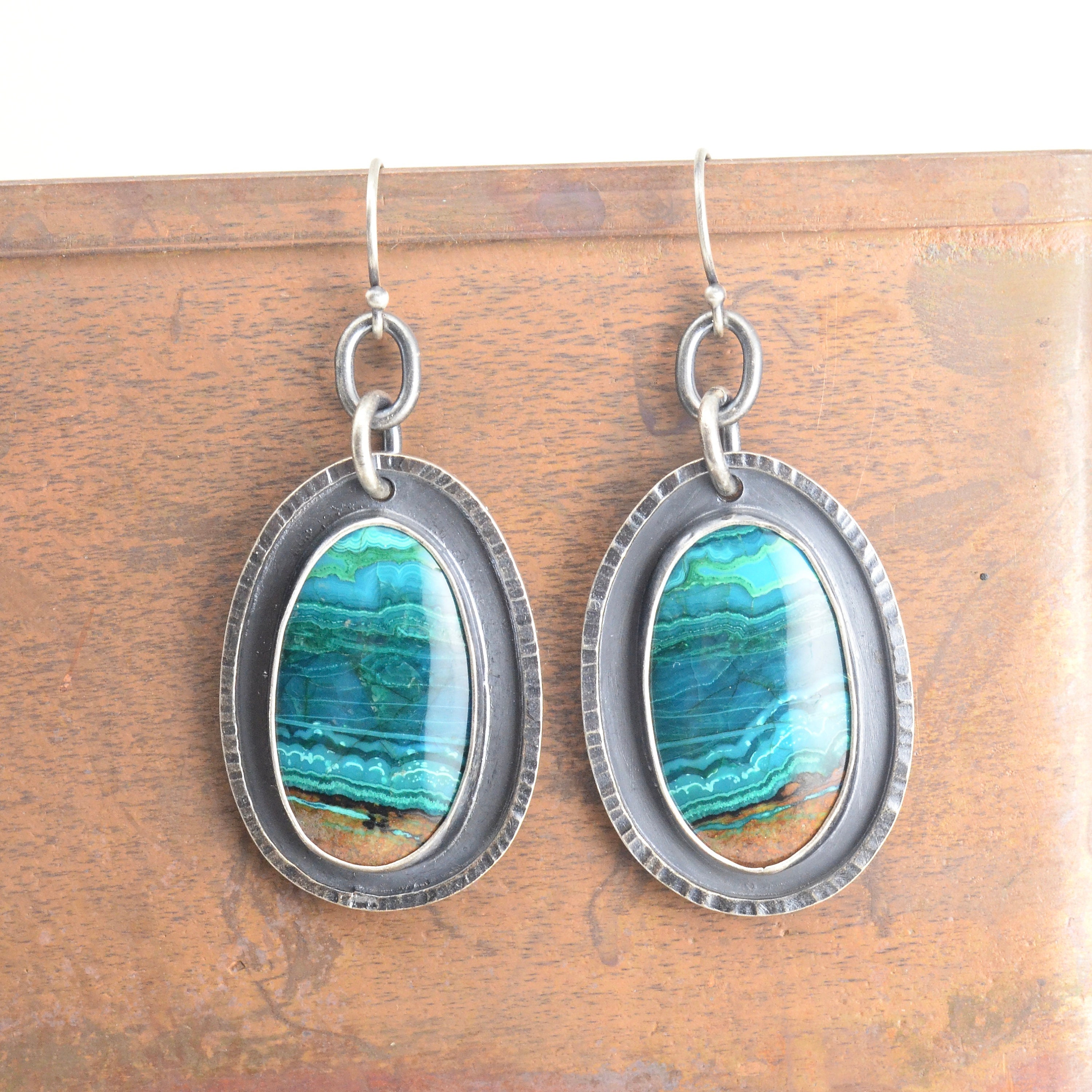 Chrysocolla Malachite Oval Sterling Silver Earrings