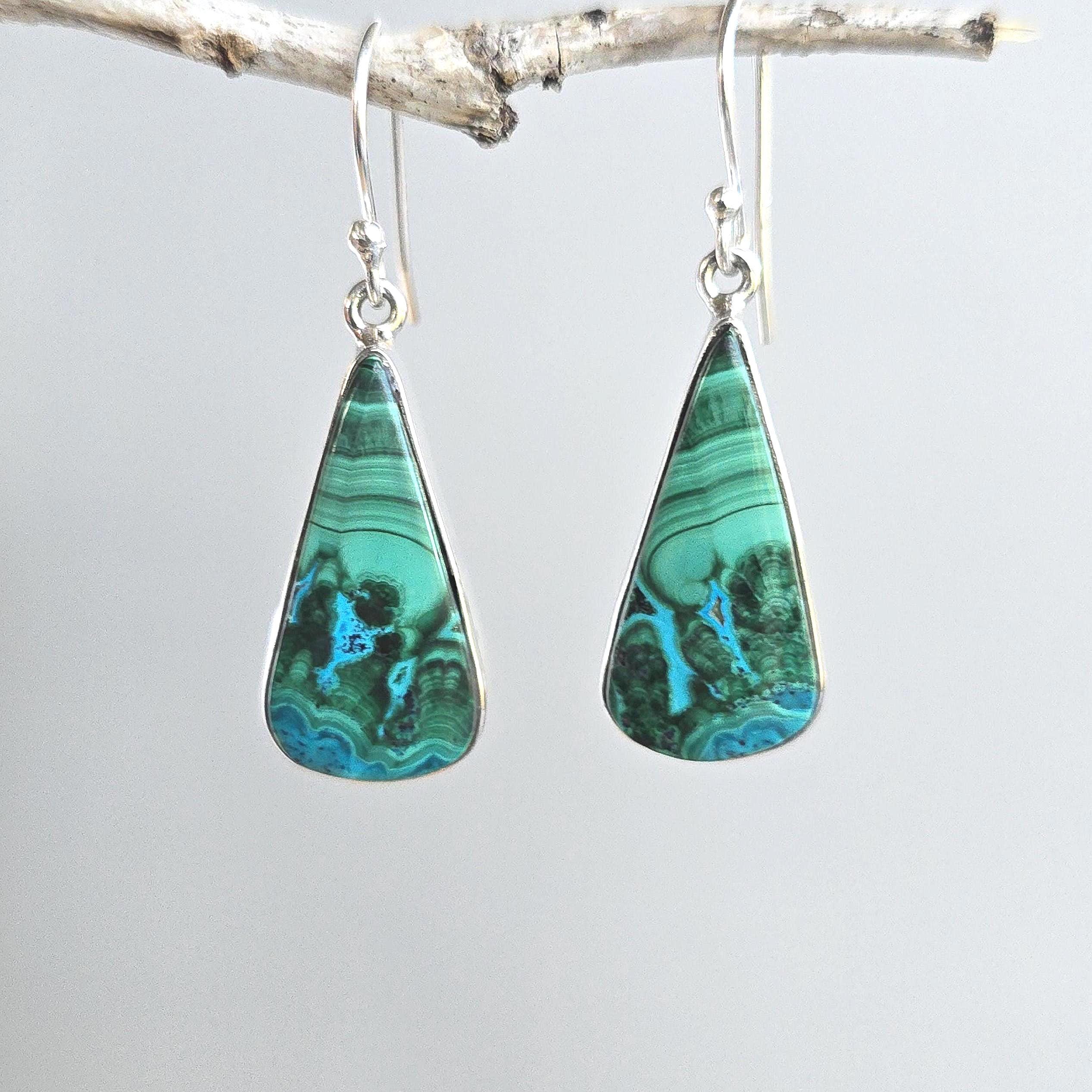 Malachite Chrysocolla Sterling Silver Dangle Earrings – Bezel Set