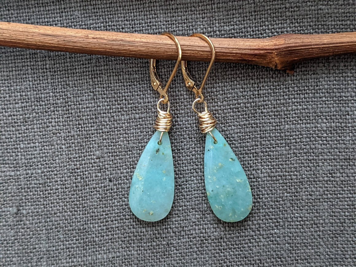 Mint Chrysocolla Teardrop Earrings, Gold Over Sterling Silver, Gift