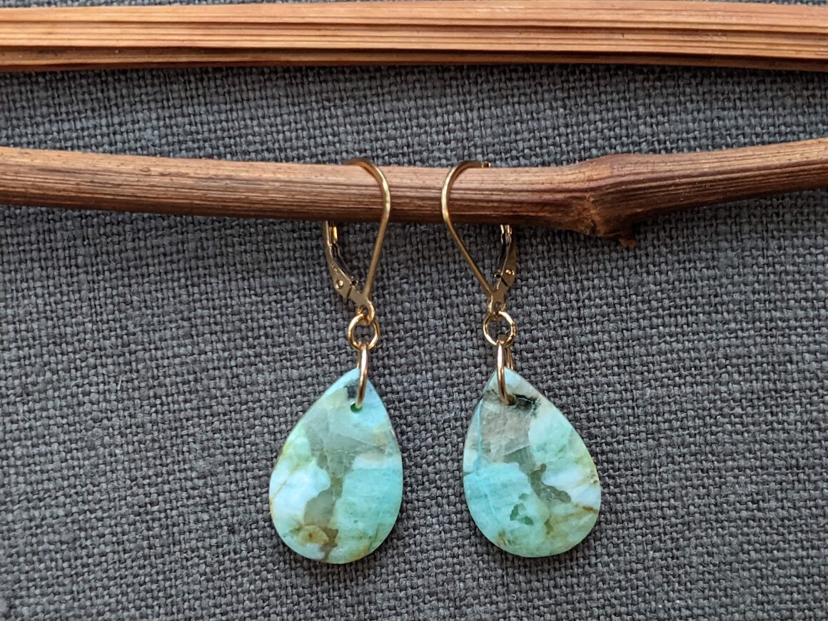 Mint Chrysocolla Teardrop Earrings, Gold Over Sterling Silver, Artisan Jewelry, Gift For Her