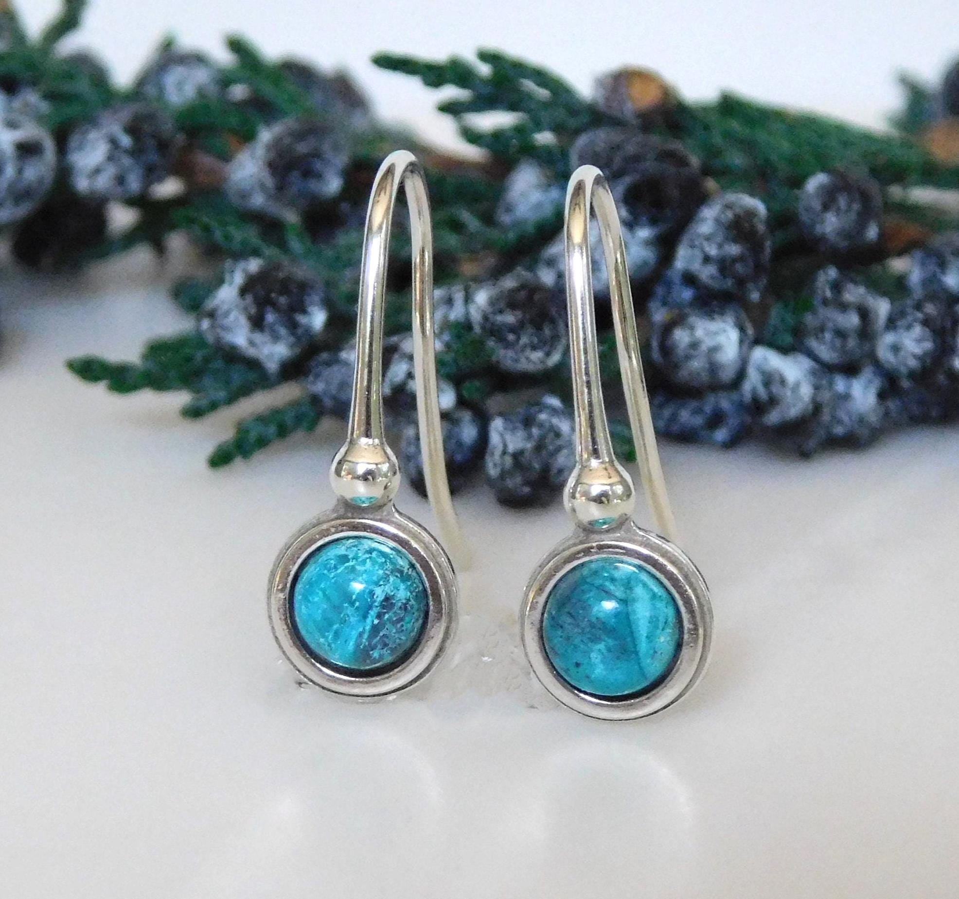 Natural Chrysocolla Art Deco Drop Earrings: Sterling Silver