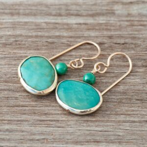 Ocean Green Drop Earrings, Gold Bezel Natural Stone Dangles, Aqua Green Chrysocolla Earrings, Gold Vermeil French Ear Wires