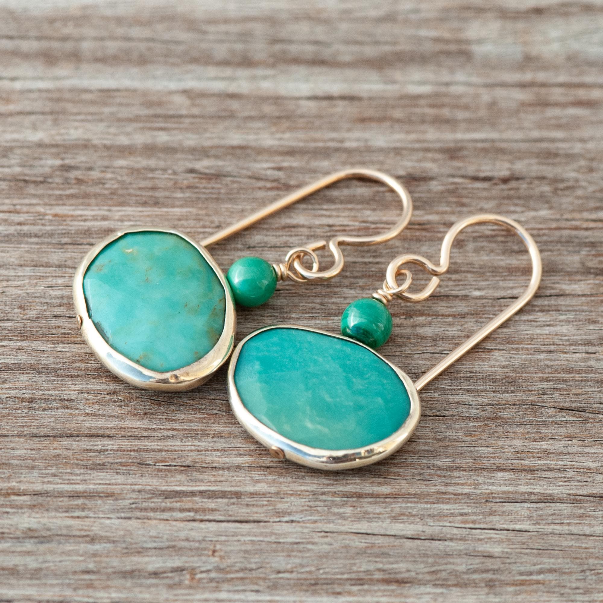 Ocean Green Drop Earrings, Gold Bezel Natural Stone Dangles, Aqua Green Chrysocolla Earrings, Gold Vermeil French Ear Wires