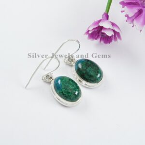 Oval Chrysocolla Earrings: Handmade 925 Sterling Silver Green Gemstone Earring