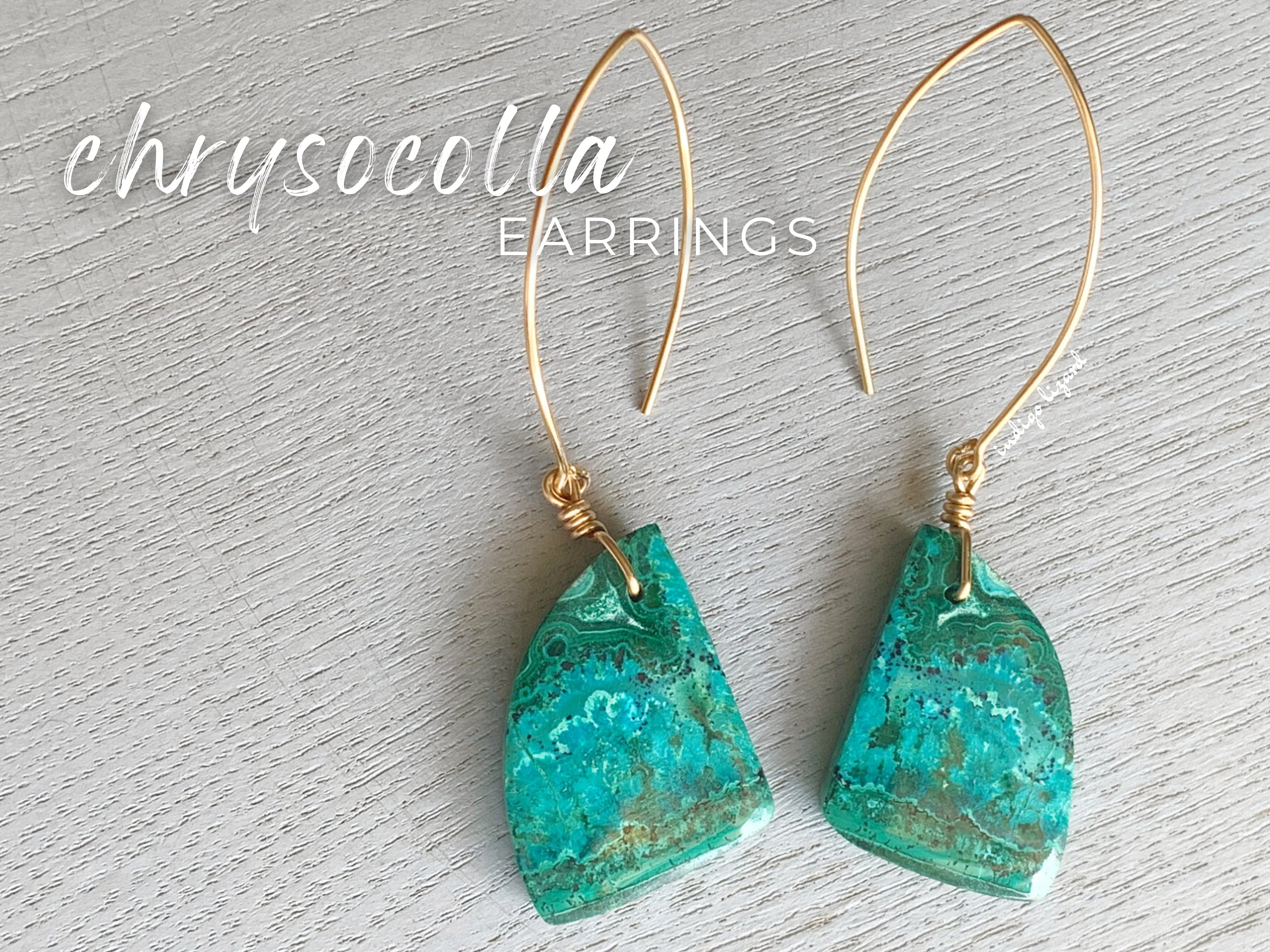 Raw Chrysocolla Earrings: Gold Filled Green Gemstone Dangle Jewelry Raw Chrysocolla Earrings: Gold Filled Green Gemstone Dangle Jewelry