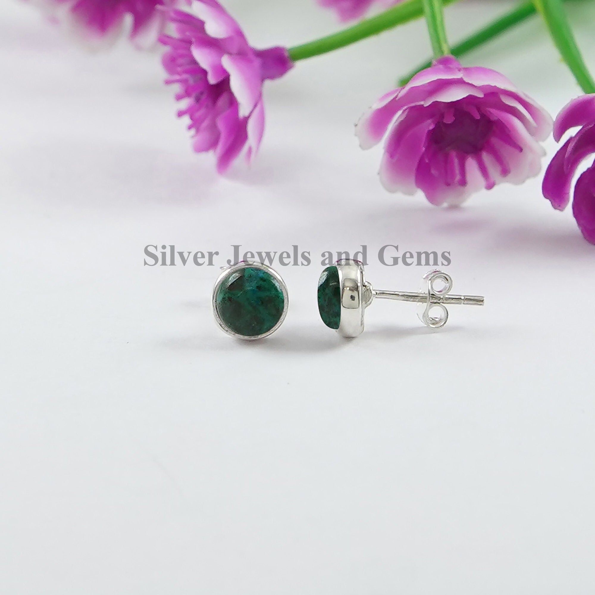 Round Chrysocolla Stud Earrings, Tiny Gemstone Studs, 925 Sterling Silver Studs, Green Stone Studs, Anniversary Gift, Handmade Earrings