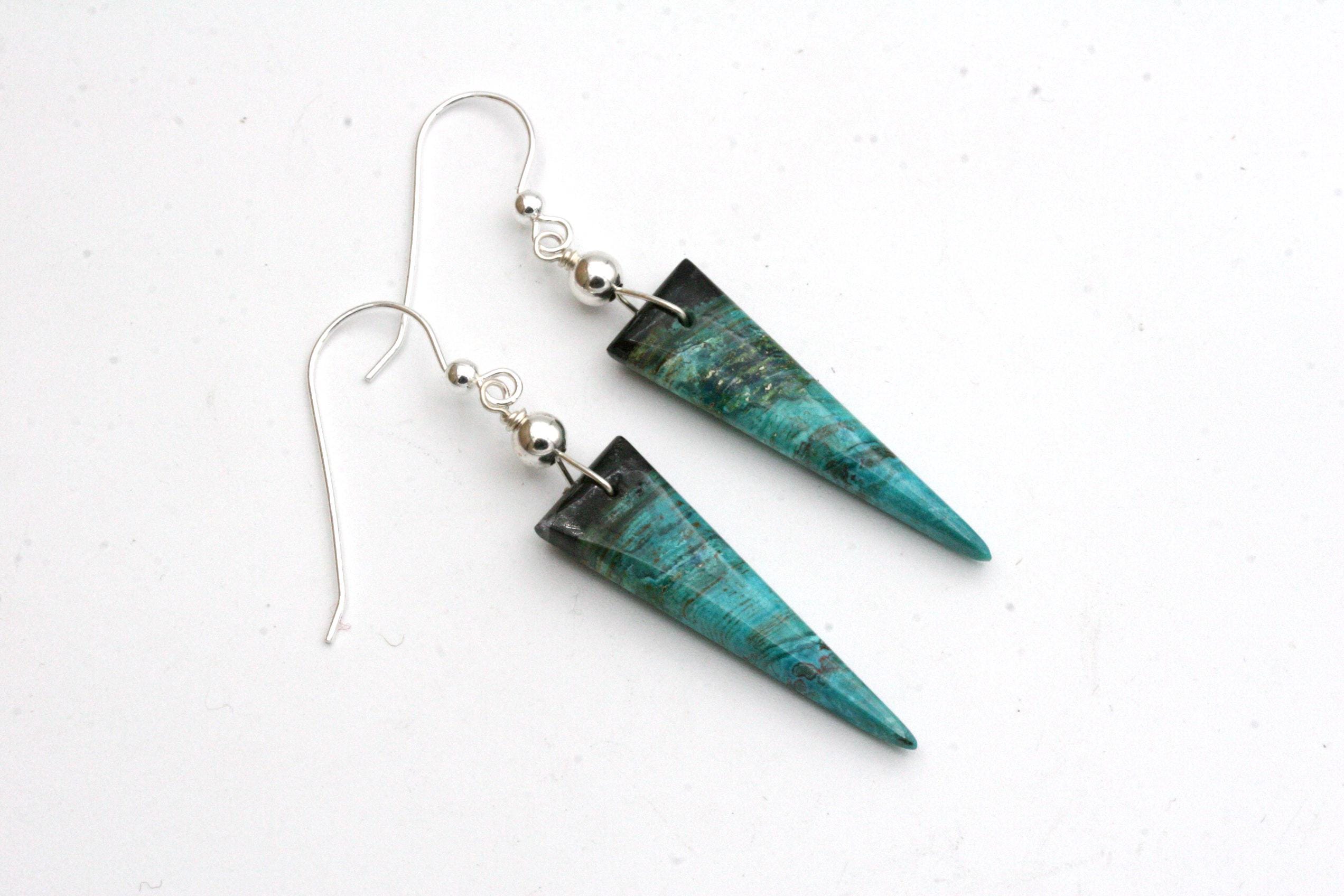 Chrysocolla Spike Earrings: Sterling Silver Triangle Gem Silica Chrysocolla Spike Earrings: Sterling Silver Triangle Gem Silica
