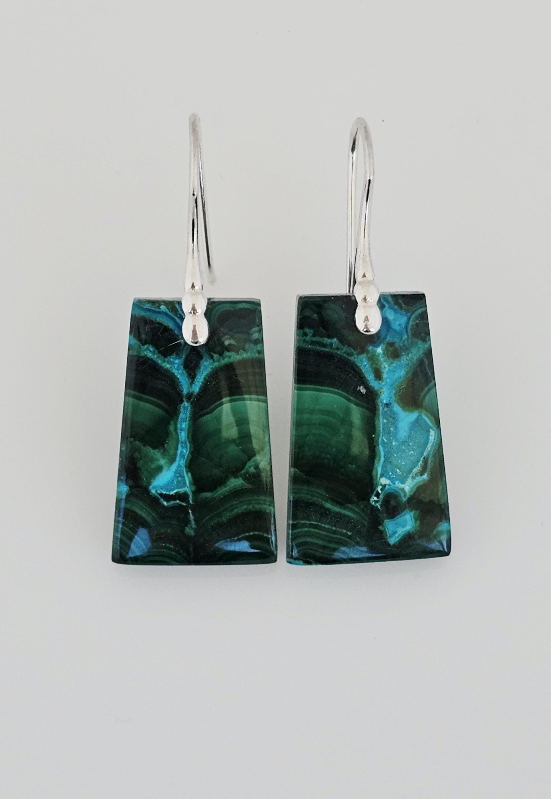 Sterling Silver And Trapezoid Cut Malachite/chrysocolla Earrings