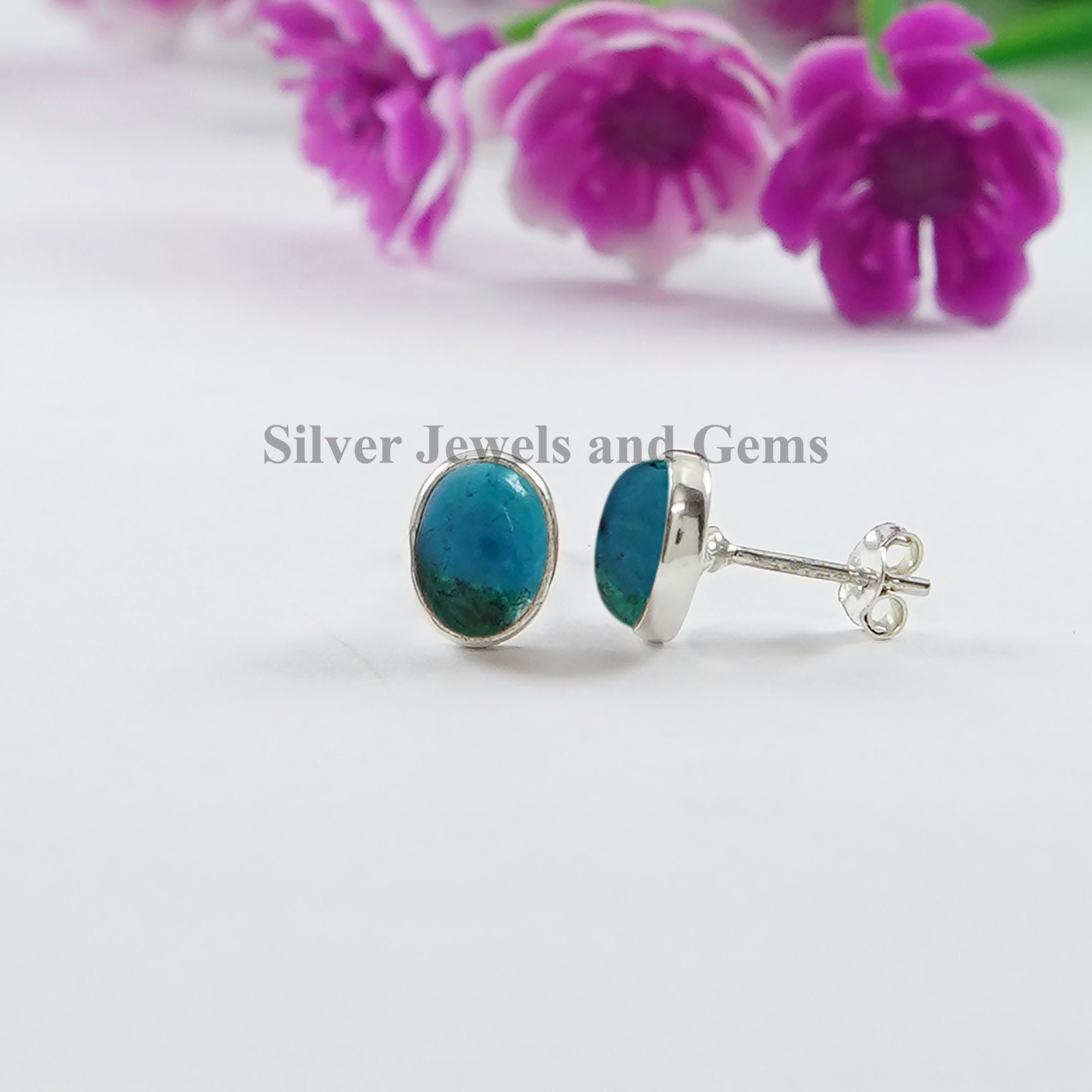 Chrysocolla Stud Earrings, Oval Green Gemstone, Sterling Silver