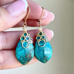 Chrysocolla Earrings, Teal Green and Yellow Pointy Teardrop Statement Earrings in Gold, Elongated Drops with Bubble Cap, Gift for her