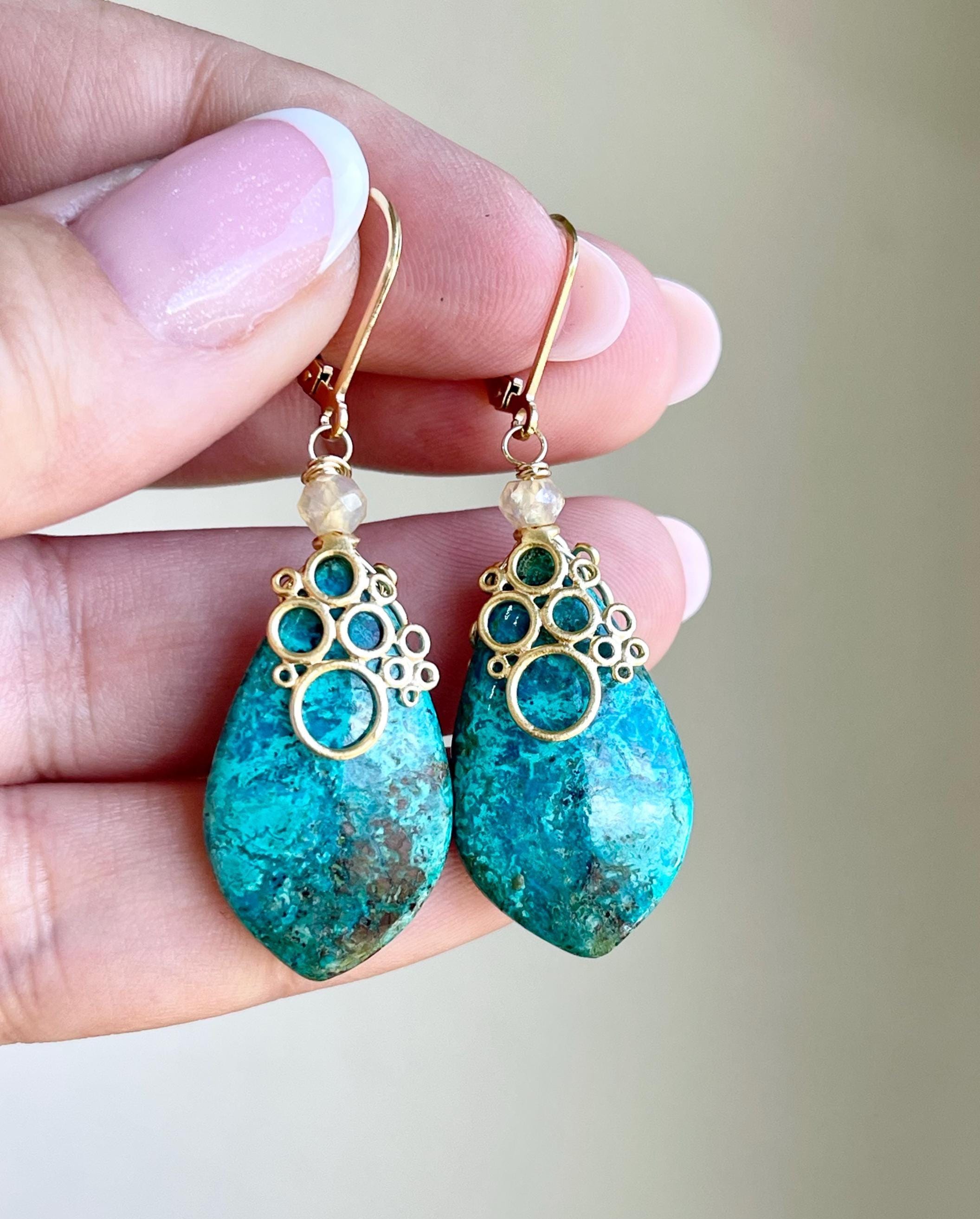Chrysocolla Earrings, Teal Green And Yellow Pointy Teardrop Statement Earrings In Gold, Elongated Drops With Bubble Cap, Gift For Her