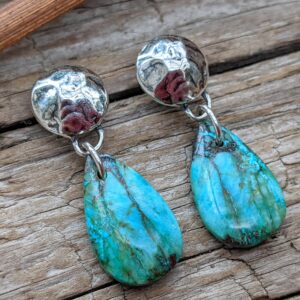 Chrysocolla Teardrop Dangle Earrings, Hammered Silver, Boho Luxury Style