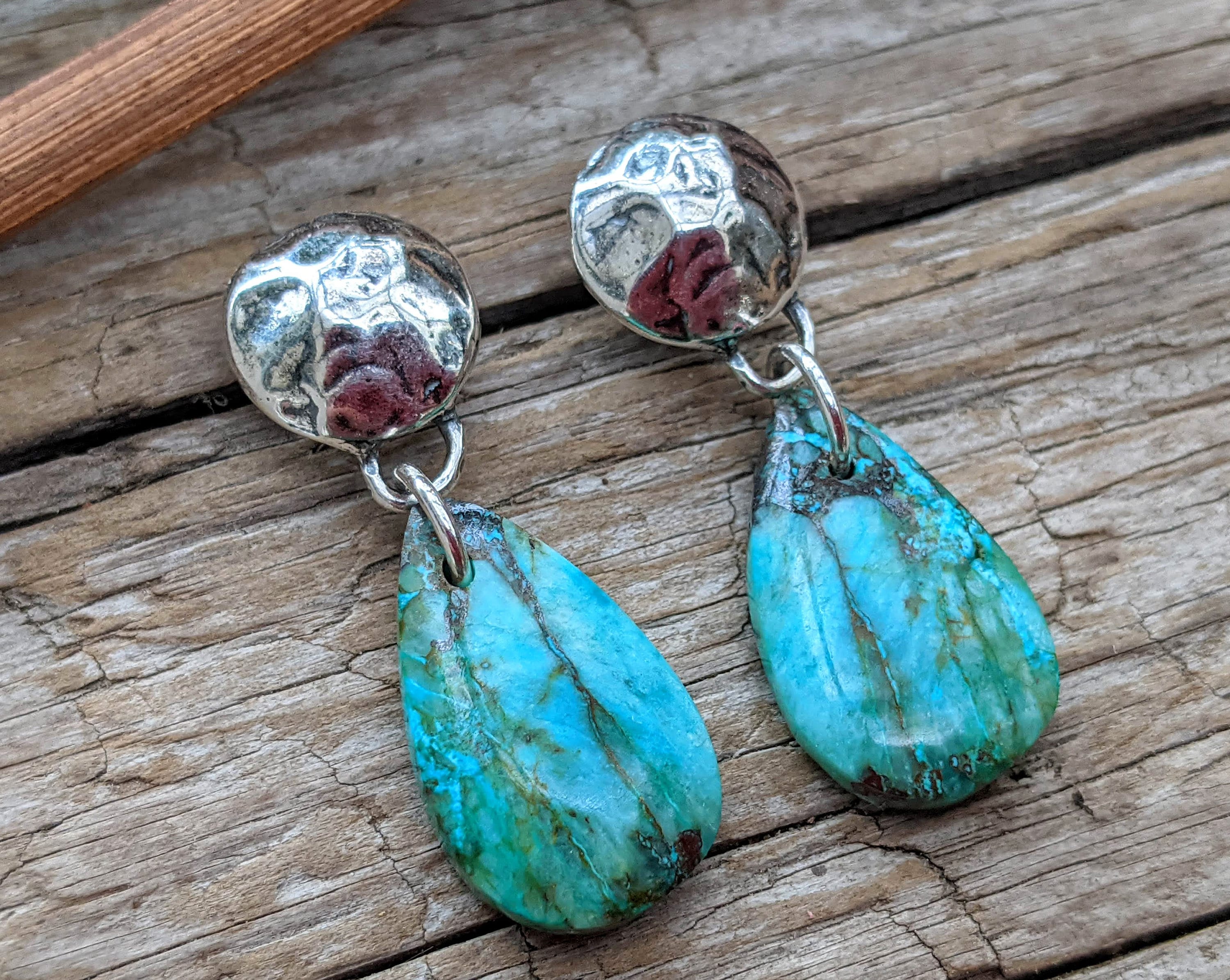 Chrysocolla Teardrop Dangle Earrings, Hammered Silver, Boho Luxury Style