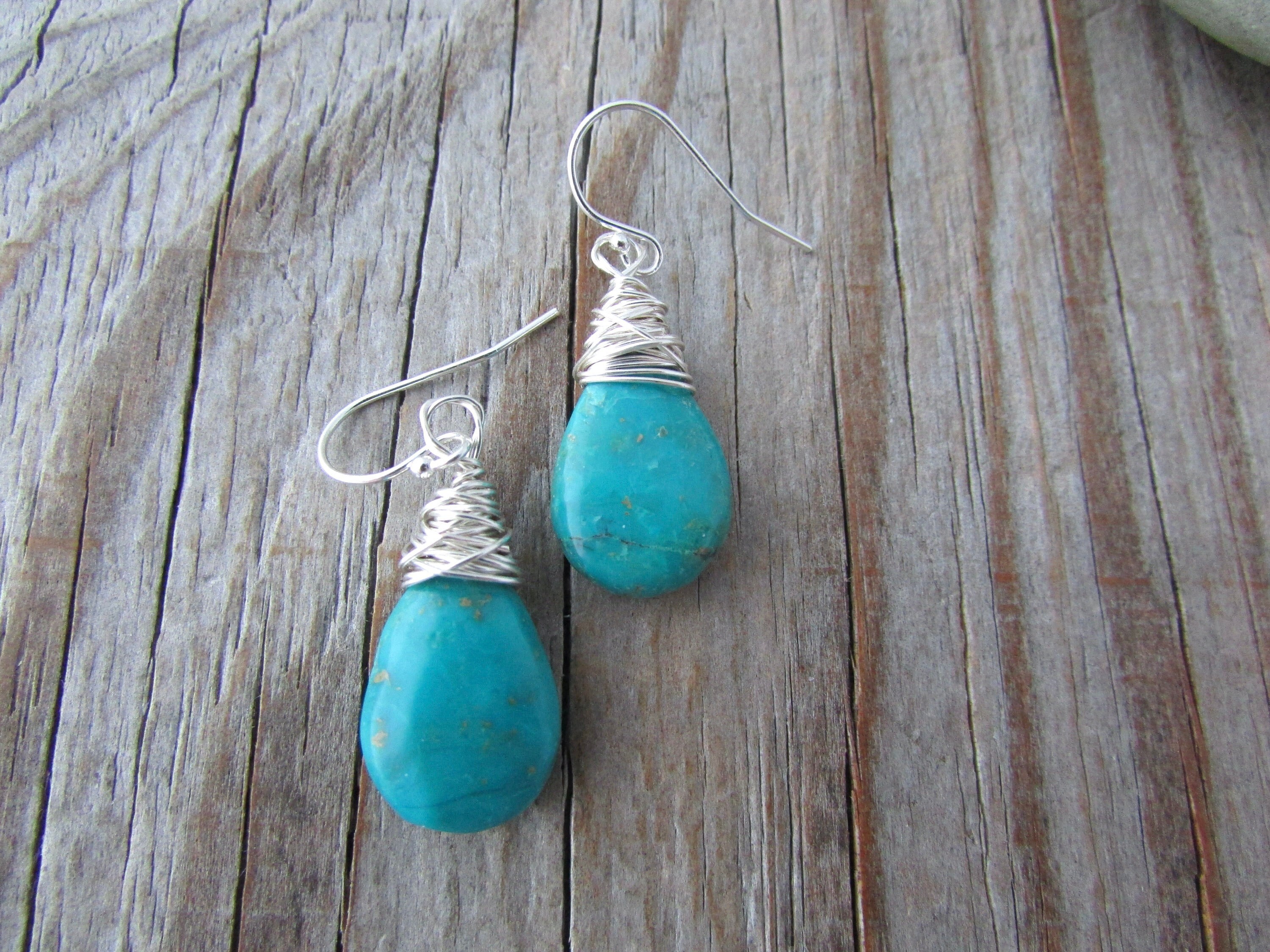 Chrysocolla Earrings, Turquoise Blue, Wire Wrapped Stone Dangle Earrings