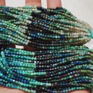 13 Inch strand, AAA Quality, Natural Chrysocolla Faceted Cube. 2.5mm