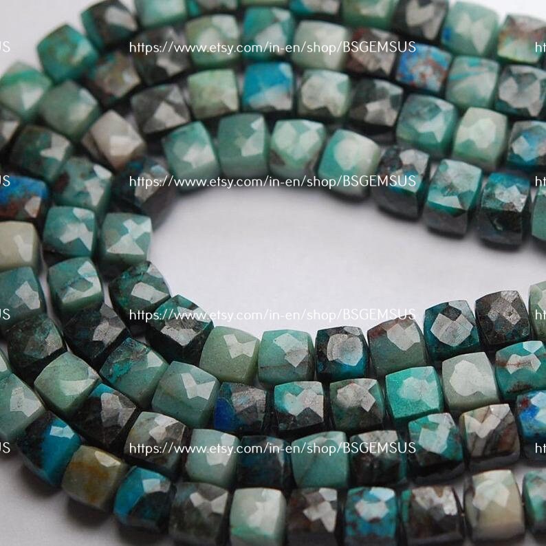 8 Inches Strand,natural Chrysocolla Faceted Box Shape, Size.7-6mm 8 Inches Strand,natural Chrysocolla Faceted Box Shape, Size.7-6mm