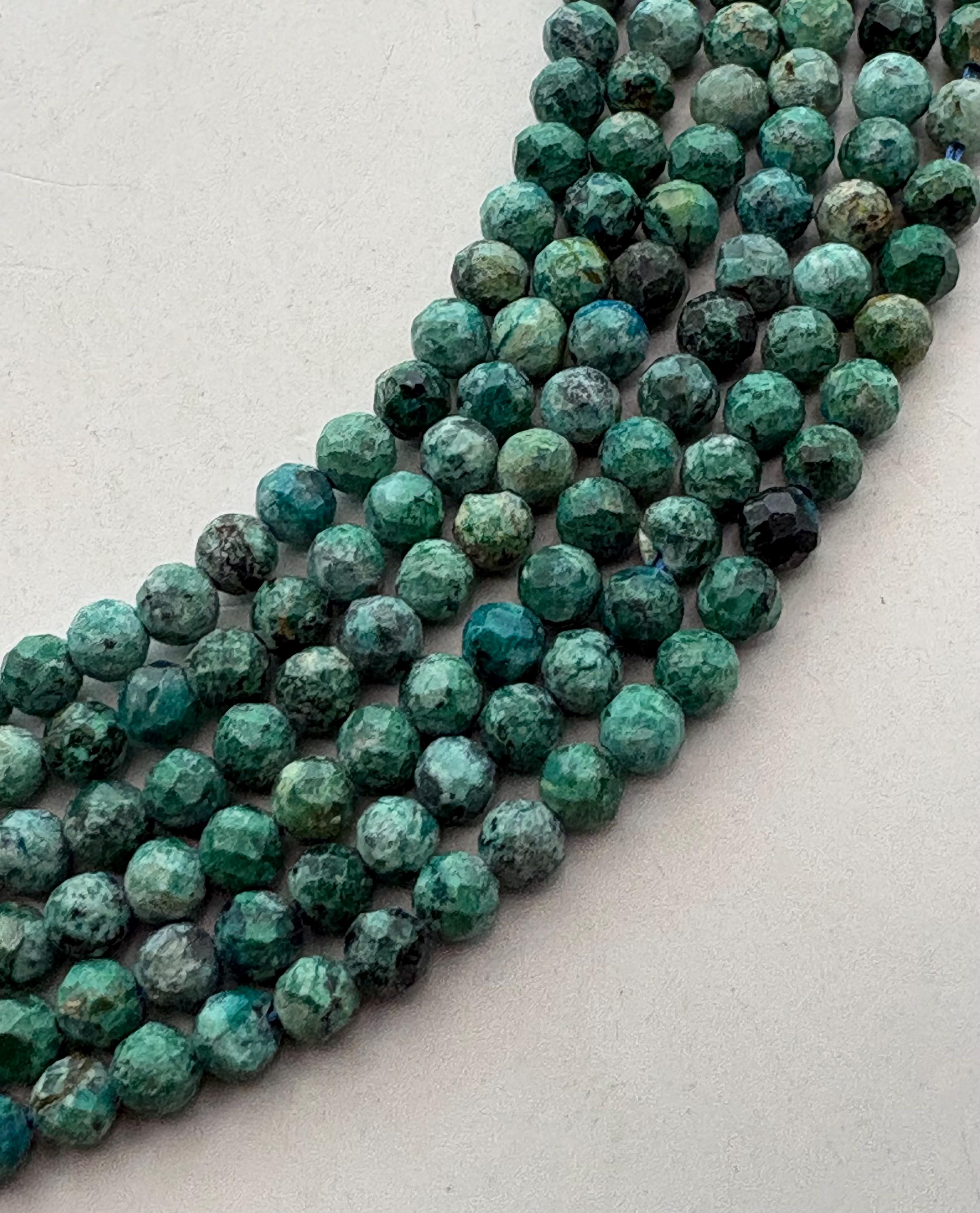Natural 4mm Faceted Chrysocolla Gemstone Beads. 15” Strand Of Mixed Blue And Green Beads, 98 Per Strand.  Low Energy, Soothing Stone.