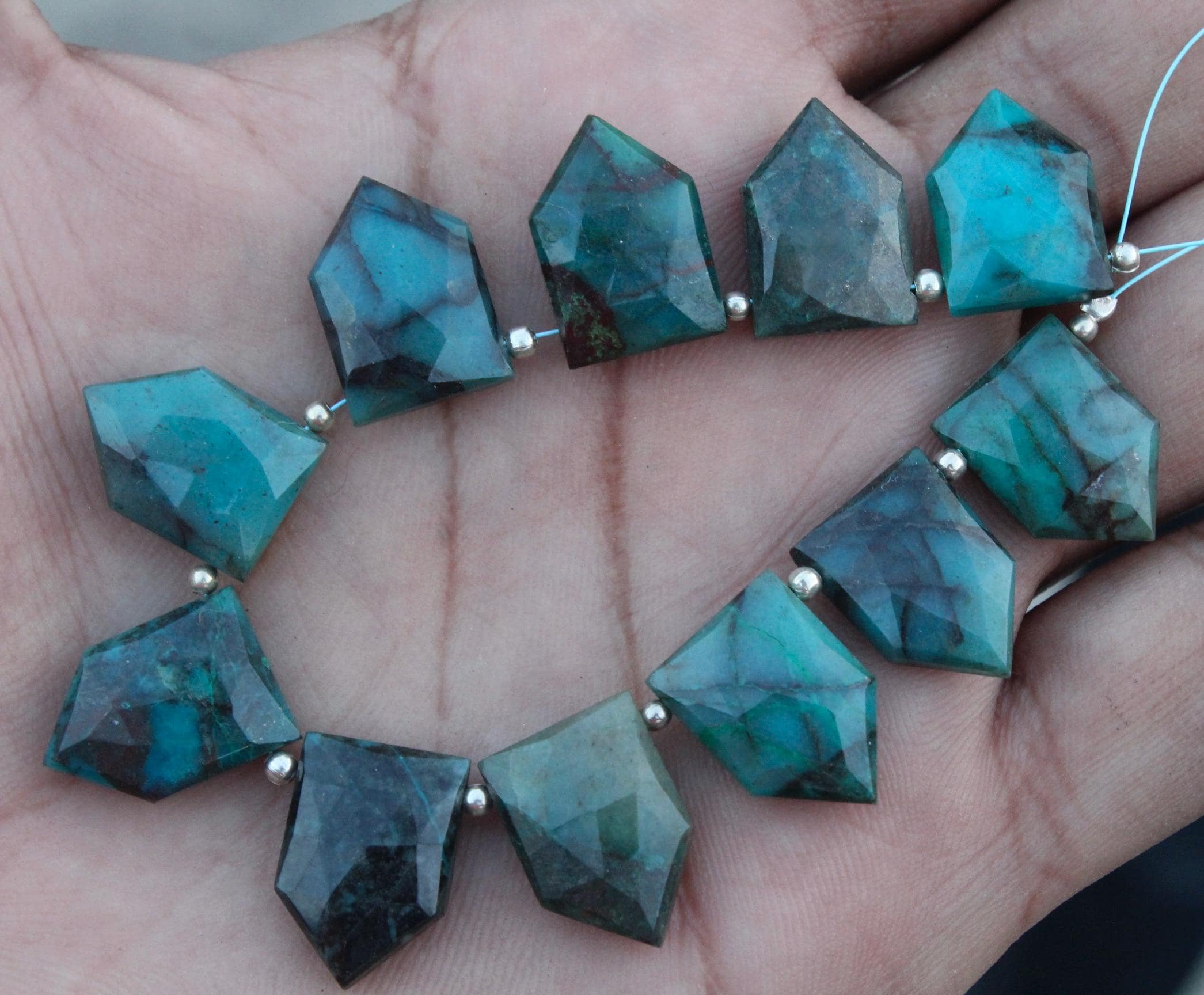 Natural Chrysocolla Gemstone Faceted Pentagon Briolette's Beads I 10 Pieces Size—16 - 17mm App. I Jewelry Making I Fancy Gemstone Sale [068]