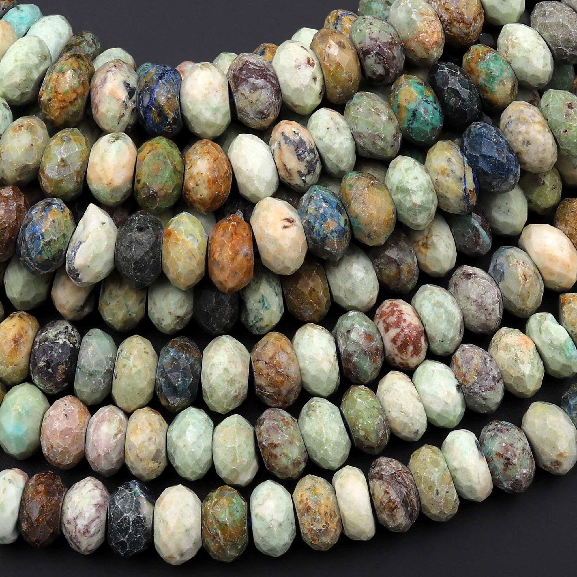 Natural Peruvian Chrysocolla Turquoise Faceted Rondelle Beads 9mm 10mm 15.5" Strand