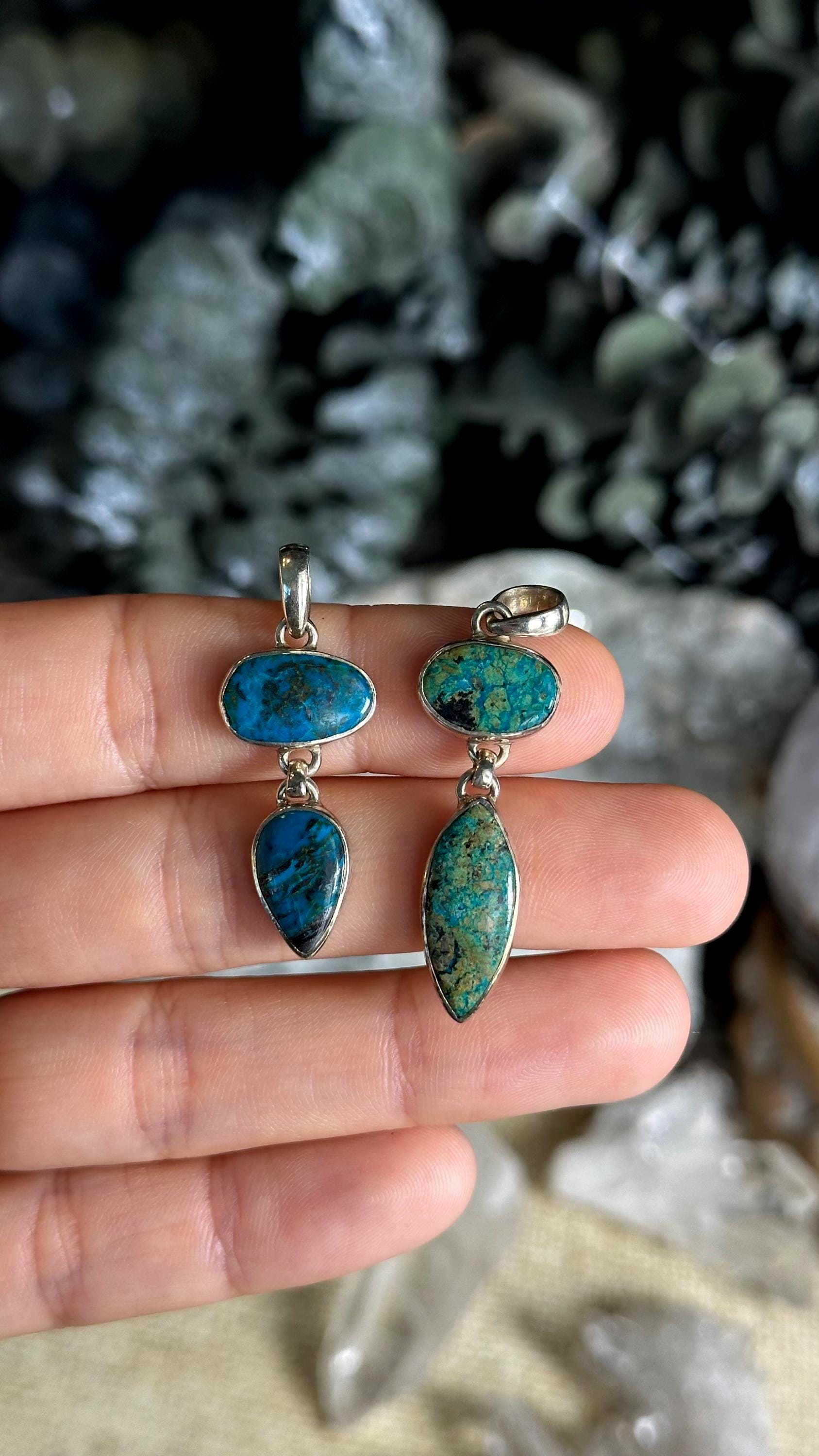 Chrysocolla 2 Stone Dangle Necklace, .925 Sterling Silver