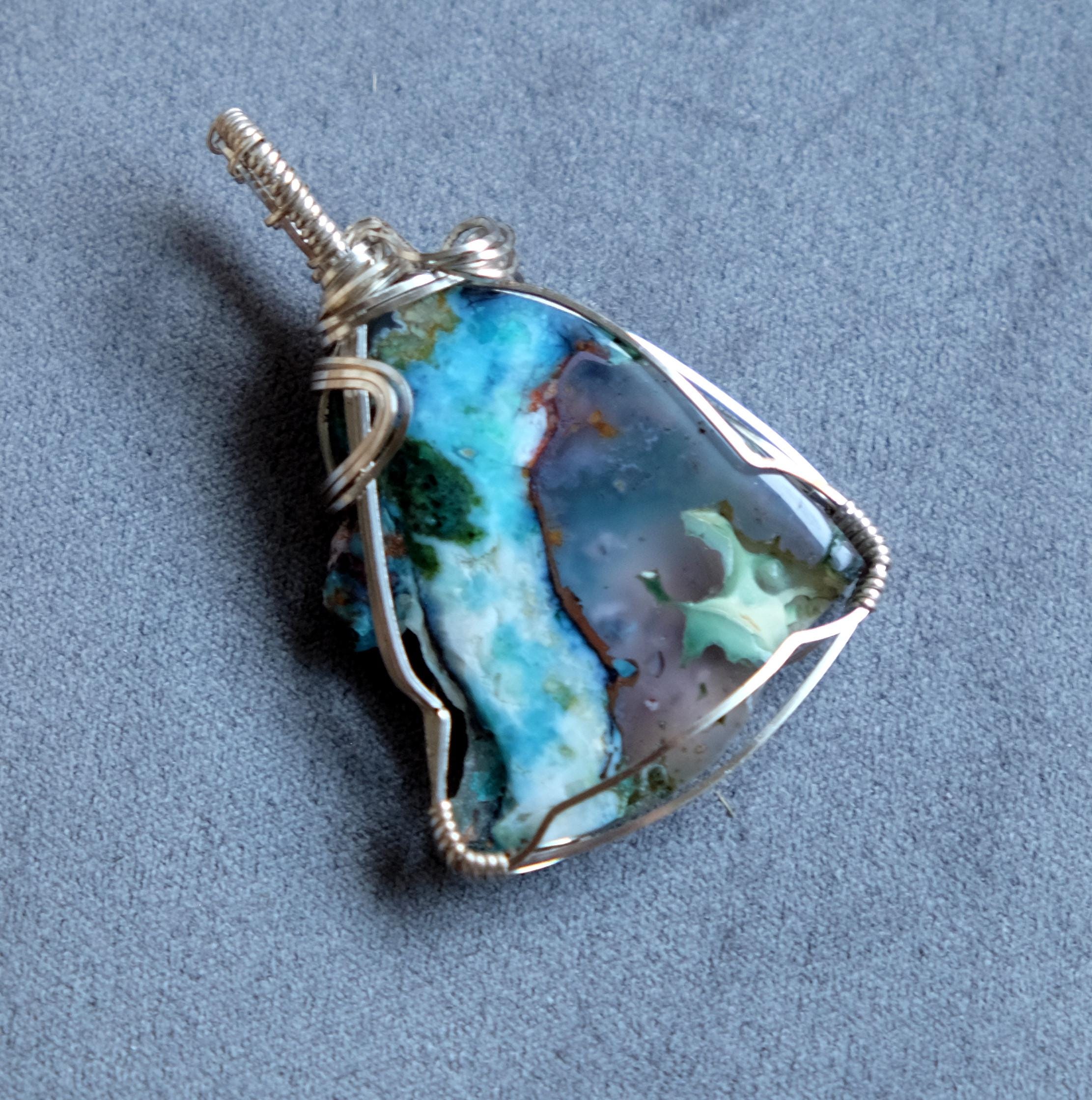 Agatized Chrysocolla In Copper {indonesia} Silver Wire Wrapped Necklace Very Rare Handmade