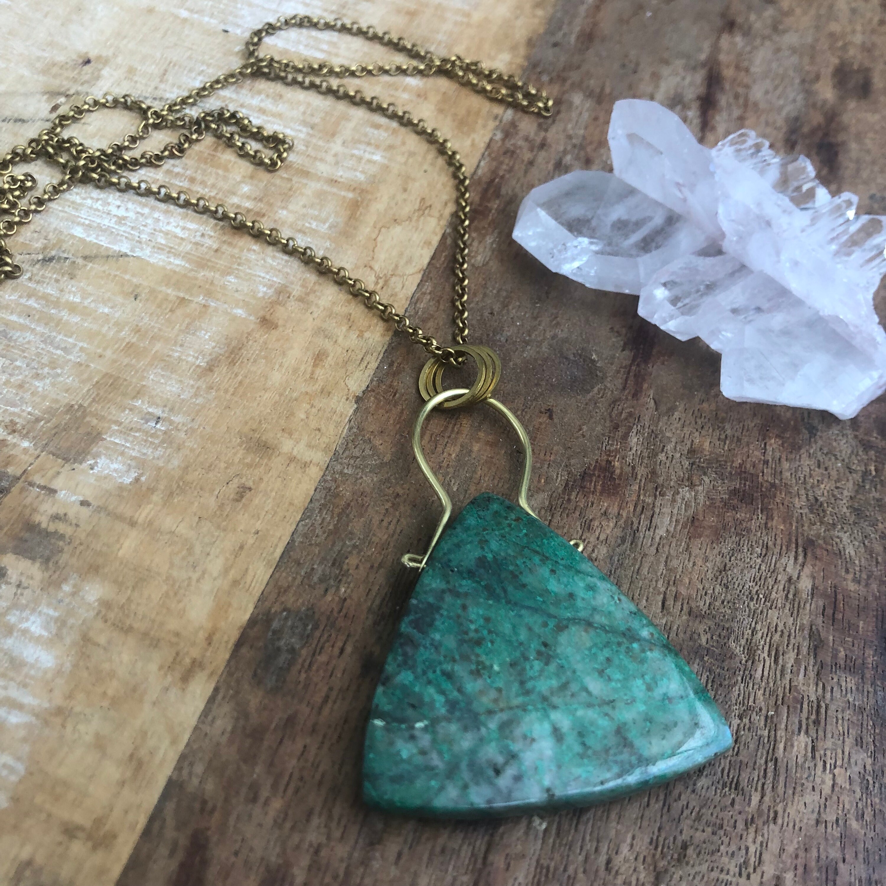 Chrysocolla And Hammered Brass Statement Necklace