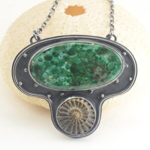 chrysocolla and pyritized ammonite sterling silver necklace