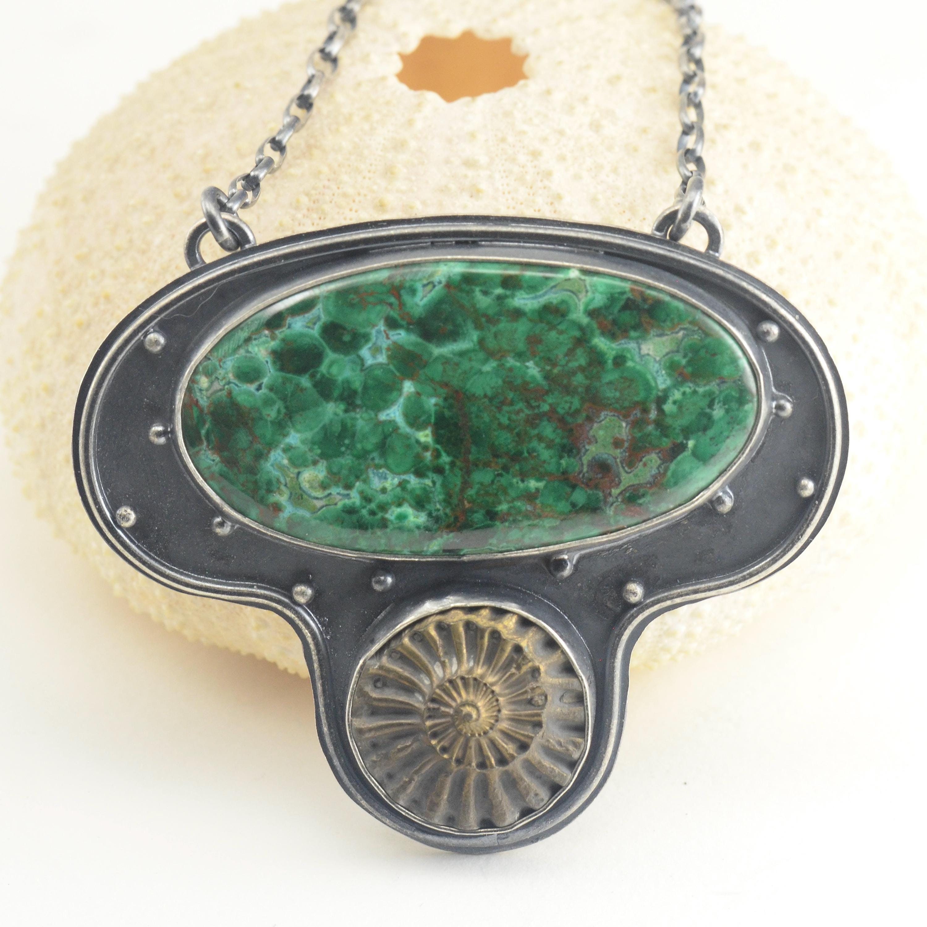 Chrysocolla And Pyritized Ammonite Sterling Silver Necklace