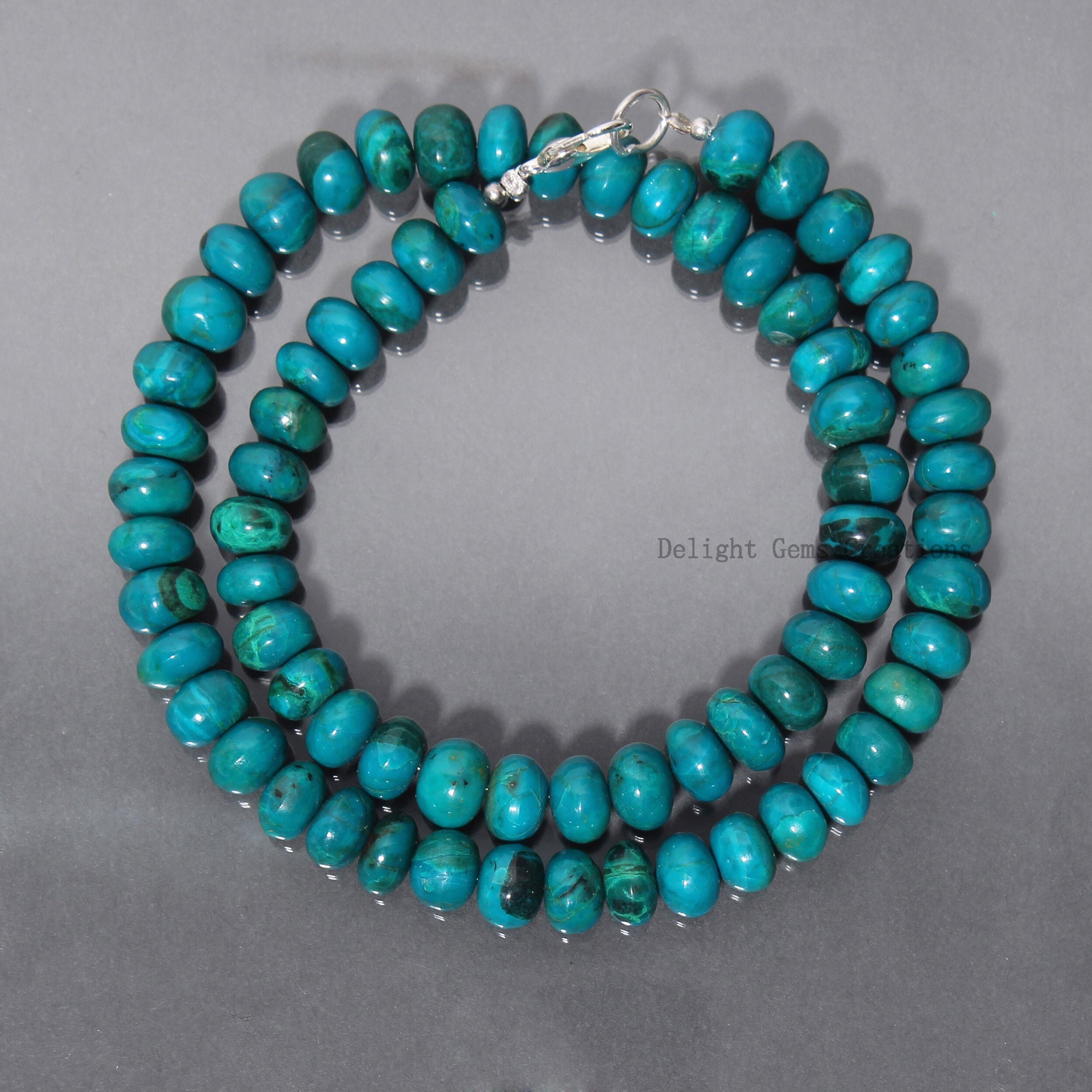 Blue Chrysocolla Beaded Necklace, 8mm Rondelle Gemstone, Silver Clasp