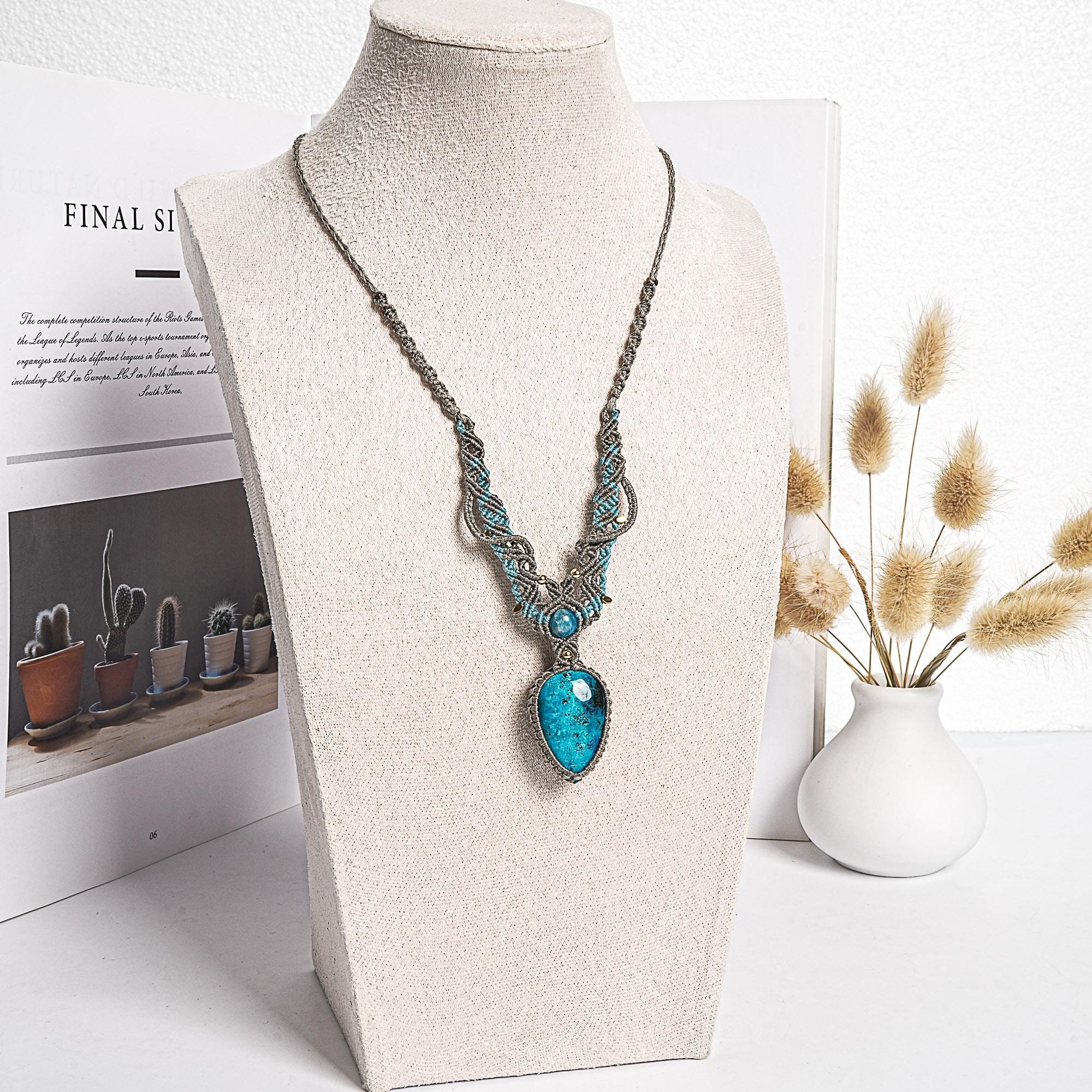 Blue Chrysocolla Macrame Necklace Genuine Natural Grade Aaa Chrysocolla Necklace Gemstone Neckalce(95934)
