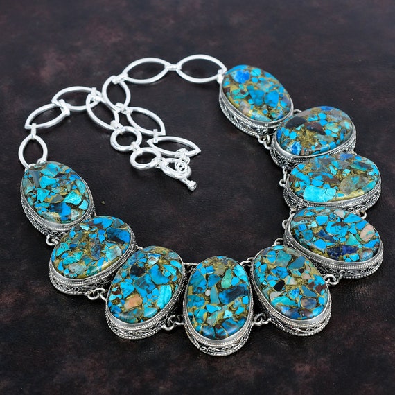 Copper Chrysocolla 925 Sterling Silver Necklace - Handmade Vintage Jewelry