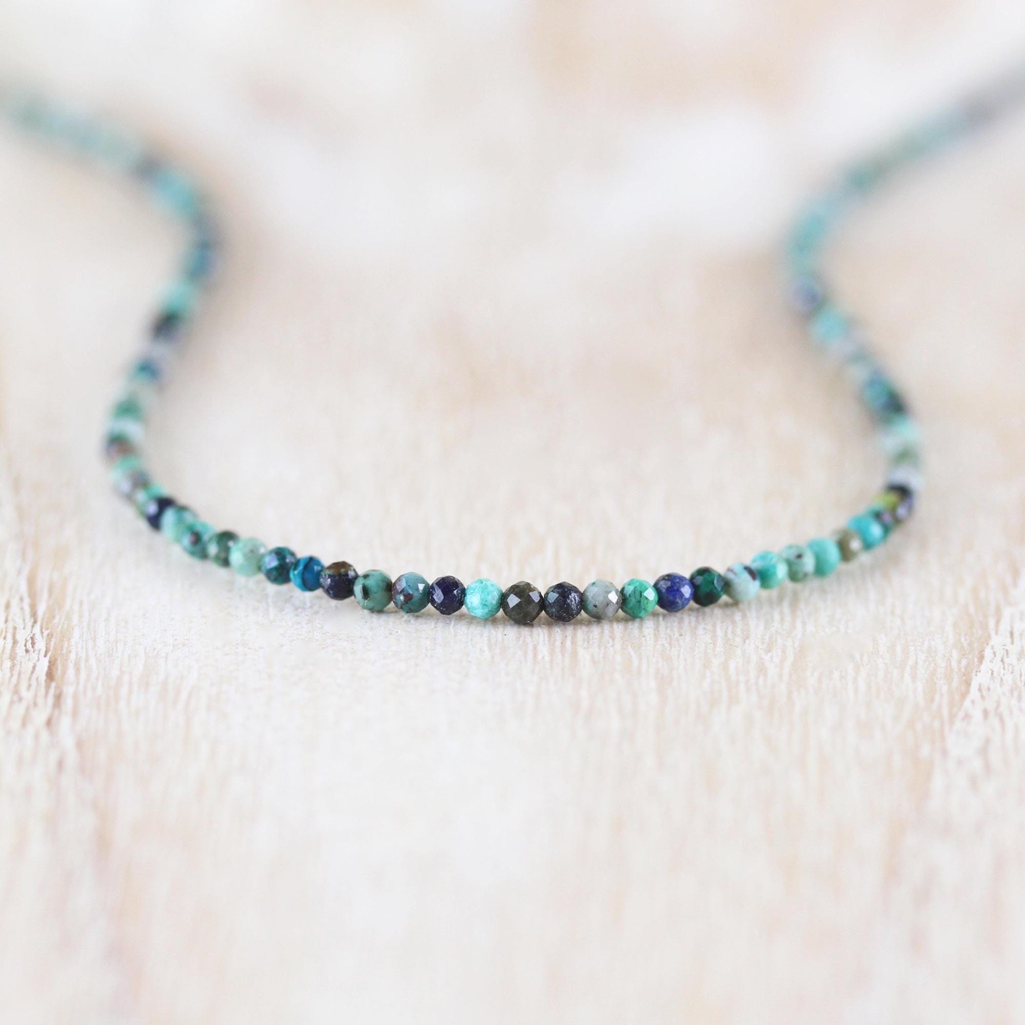 Chrysocolla Delicate Beaded Necklace In Sterling Silver, Gold Or Rose Gold Filled, Dainty Gemstone Choker, Long Layering Necklace For Women