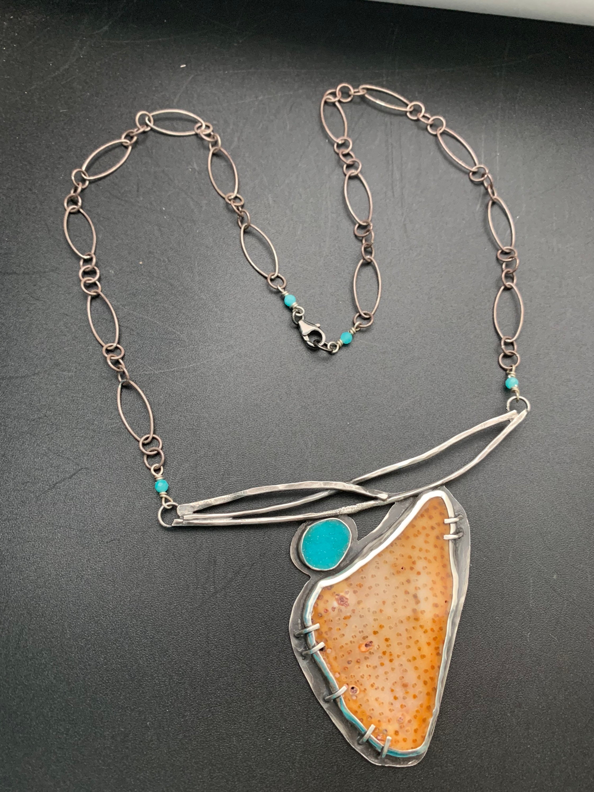 Fossilized Palm Root And Druzy Chrysocolla Statement Necklace Fossilized Palm Root And Druzy Chrysocolla Statement Necklace