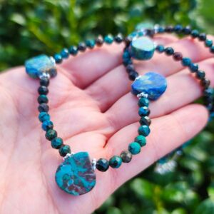Chrysocolla Gemstone Choker Necklace Sterling Silver, Small Teardrop Gemstone 17 Inch Necklace, Blue Green Necklace, Handmade Necklace