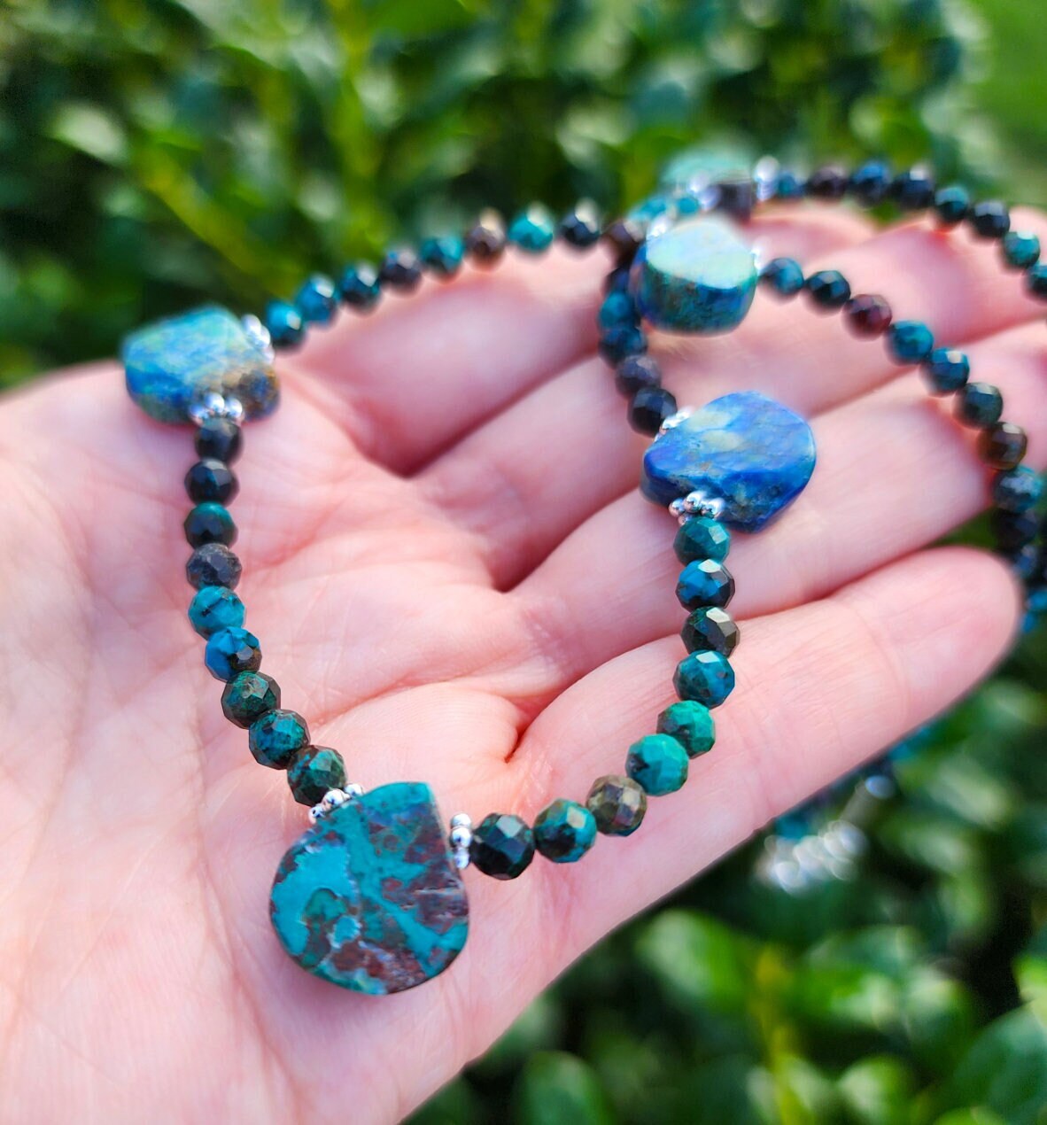 Chrysocolla Gemstone Choker Necklace Sterling Silver, Small Teardrop Gemstone 17 Inch Necklace, Blue Green Necklace, Handmade Necklace