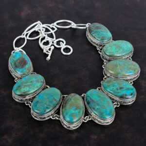 Chrysocolla Gemstone Necklace: Vintage 925 Sterling Silver, Adjustable Chain