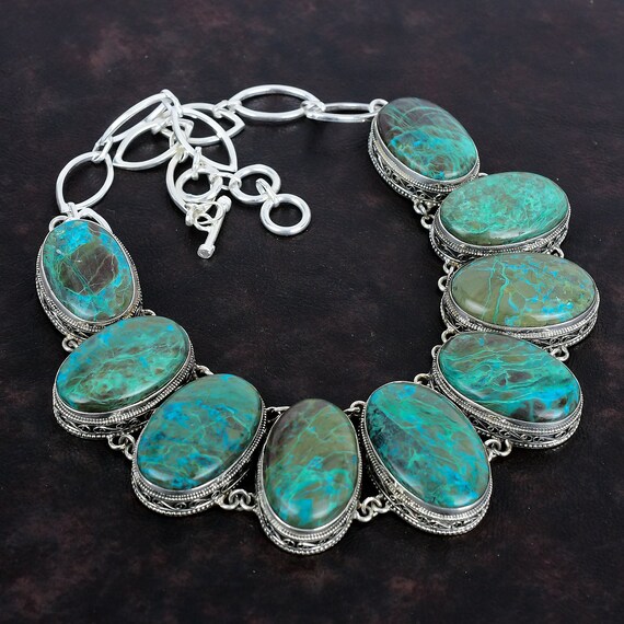 Chrysocolla Gemstone Necklace: Vintage 925 Sterling Silver, Adjustable Chain