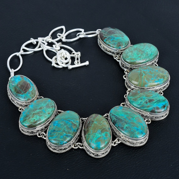 Chrysocolla Gemstone Necklace: Vintage 925 Sterling Silver, Adjustable Chain
