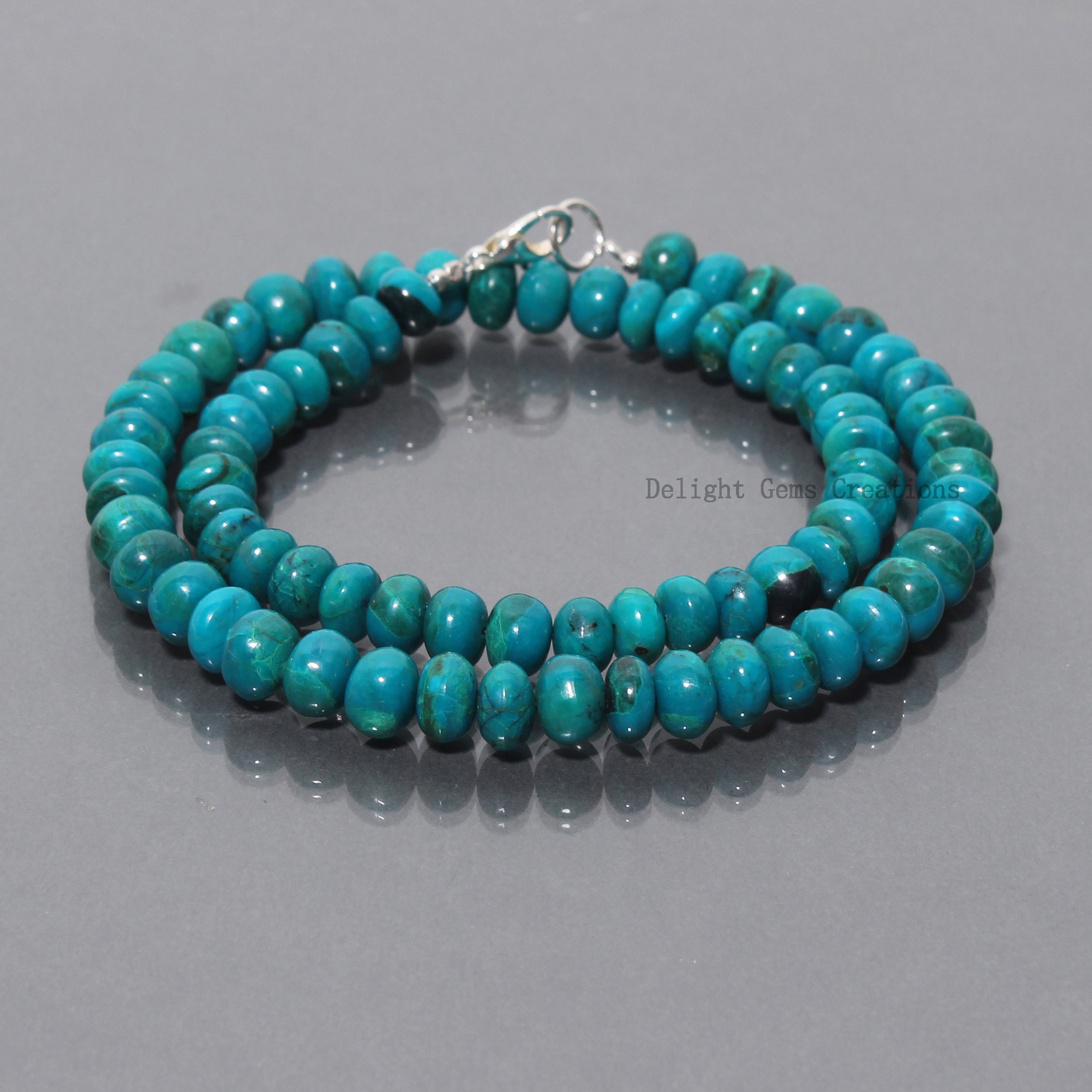 Handmade 7-8mm Chrysocolla Beaded Necklace, Sterling Silver Clasp
