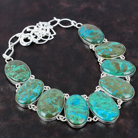 Chrysocolla Necklace: Handmade 925 Sterling Silver, Adjustable Chain