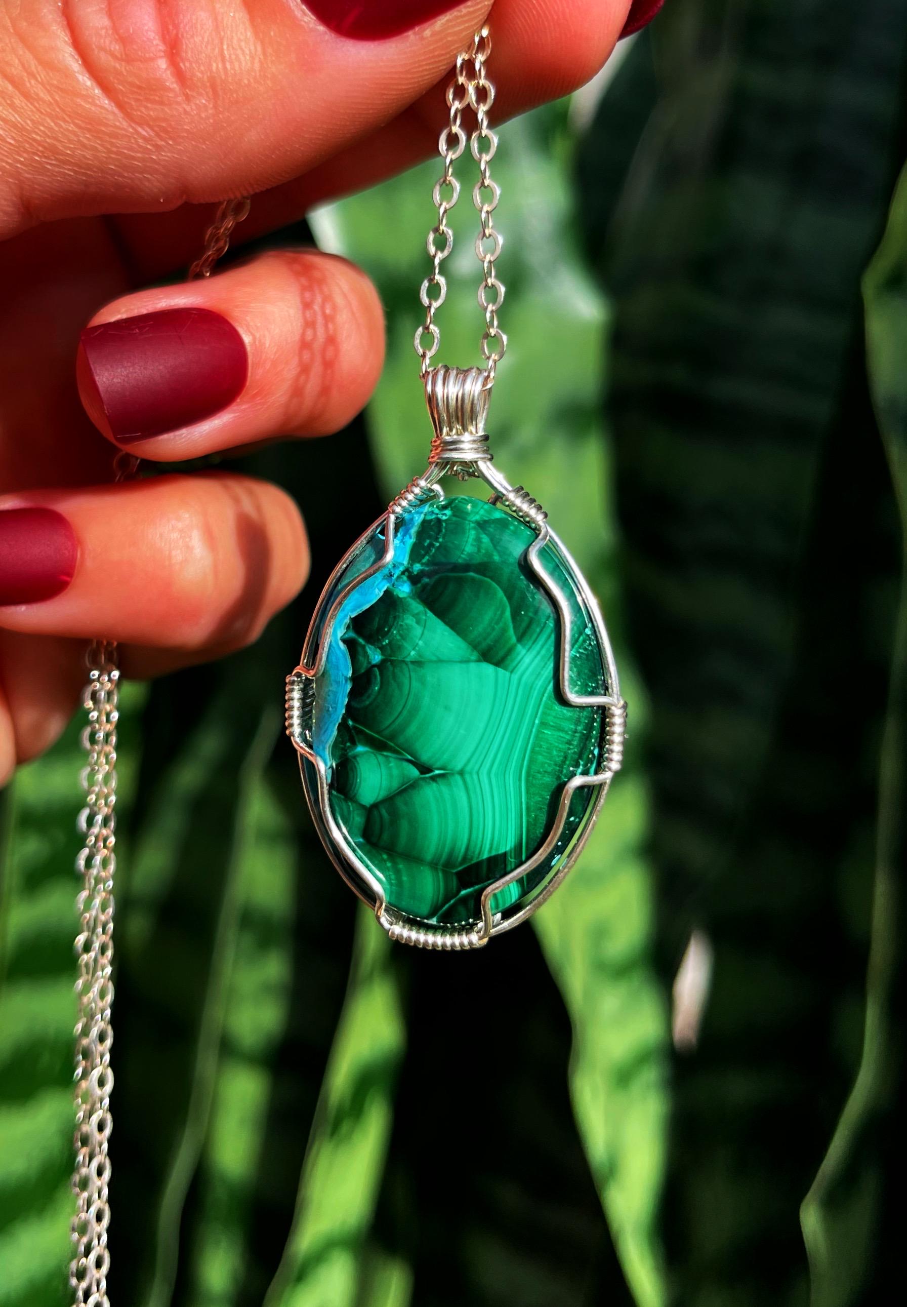 Malachite W/ Chrysocolla Necklace In Sterling Silver - For Protection, Healing, And Transformation - Malachite Necklace