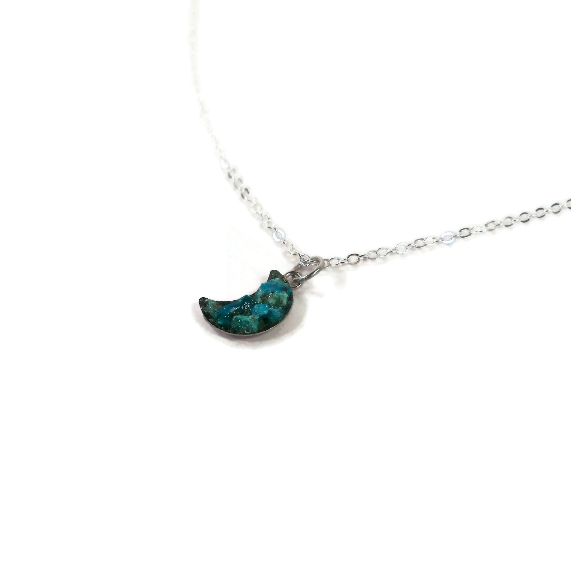 Chrysocolla Moon Silver Plated 18" Crushed Stone Necklace Chrysocolla Moon Silver Plated 18" Crushed Stone Necklace
