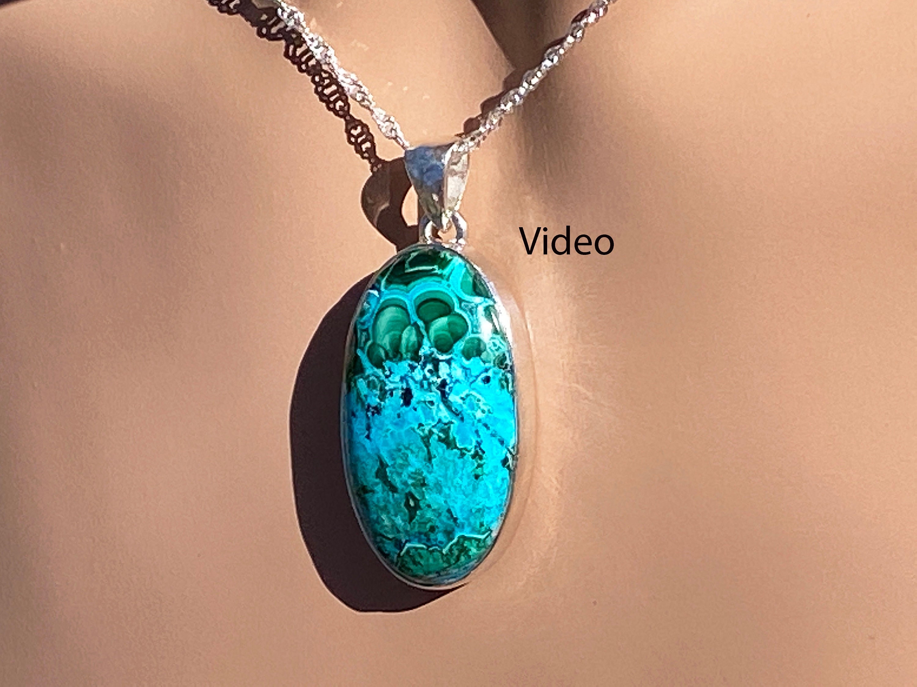 Natural Chrysocolla & Malachite Necklace / May Or August / Sterling Silver / 32.70 X 19.30 Mm Dangle 1 1 / 2 Inch / Real Malachite Chrysocolla Natural Chrysocolla & Malachite Necklace / May Or August / Sterling Silver / 32.70 X 19.30 Mm Dangle 1 1 / 2 Inch / Real Malachite Chrysocolla