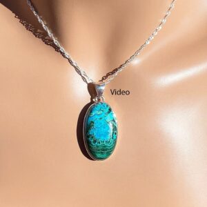 Natural Chrysocolla & Malachite Necklace / May Or August / Sterling Silver / 29.62 X 17.26 Mm Dangle 1 1 / 2 Inch / real Malachite Chrysocolla