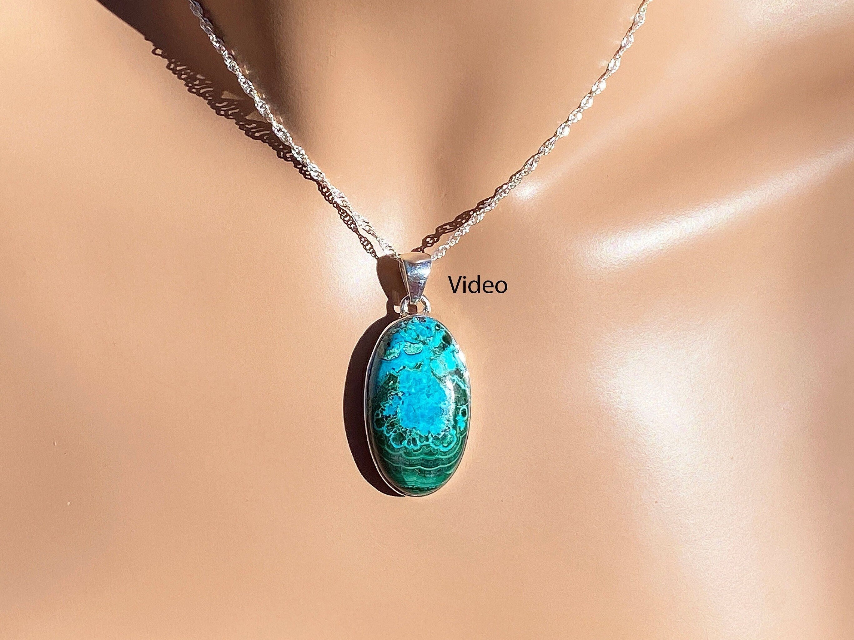 Natural Chrysocolla & Malachite Necklace / May Or August / Sterling Silver / 29.62 X 17.26 Mm Dangle 1 1 / 2 Inch / Real Malachite Chrysocolla